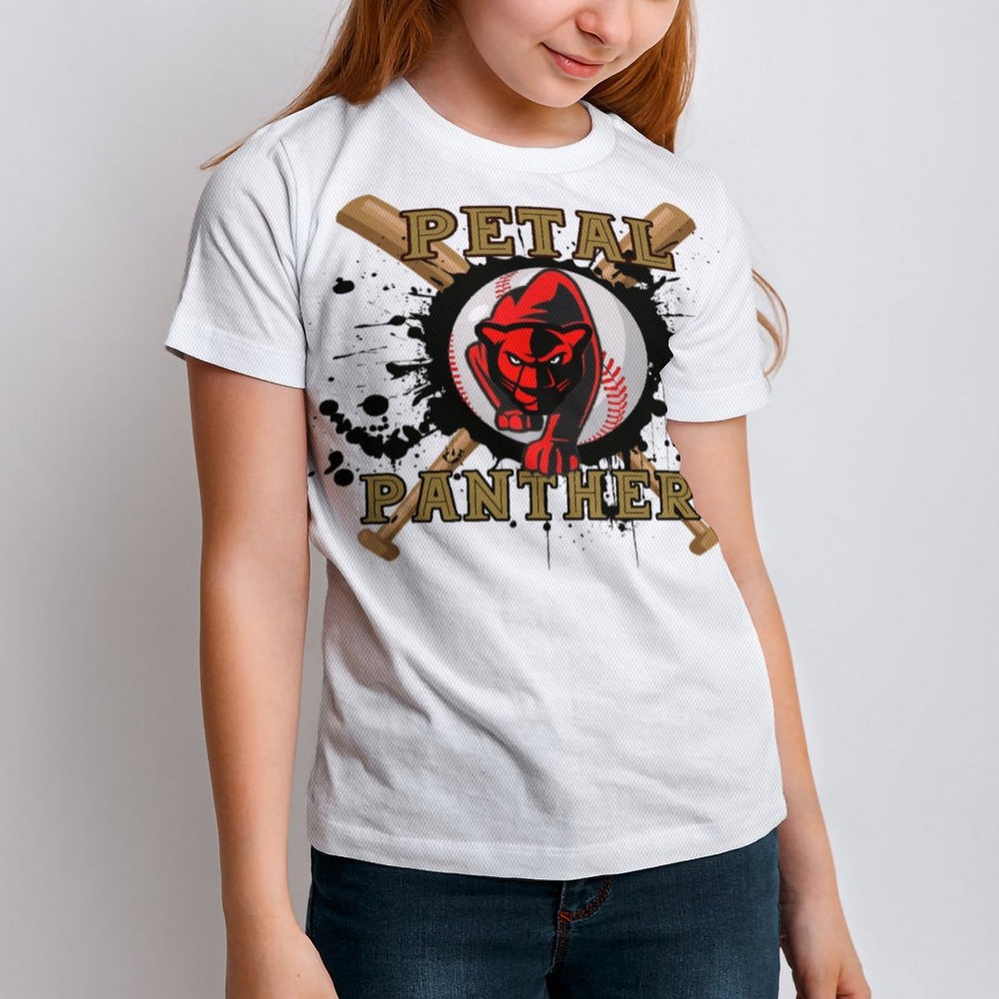 Petal Panther Baseball Short Sleeve Kid's T-Shirt -White