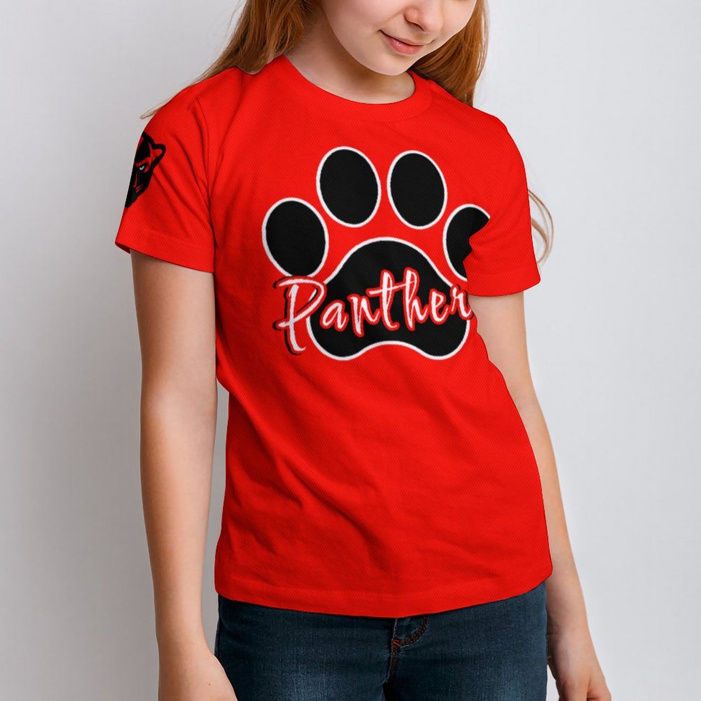 Petal Panther Paw Short Sleeve Kid's T-Shirt -Red