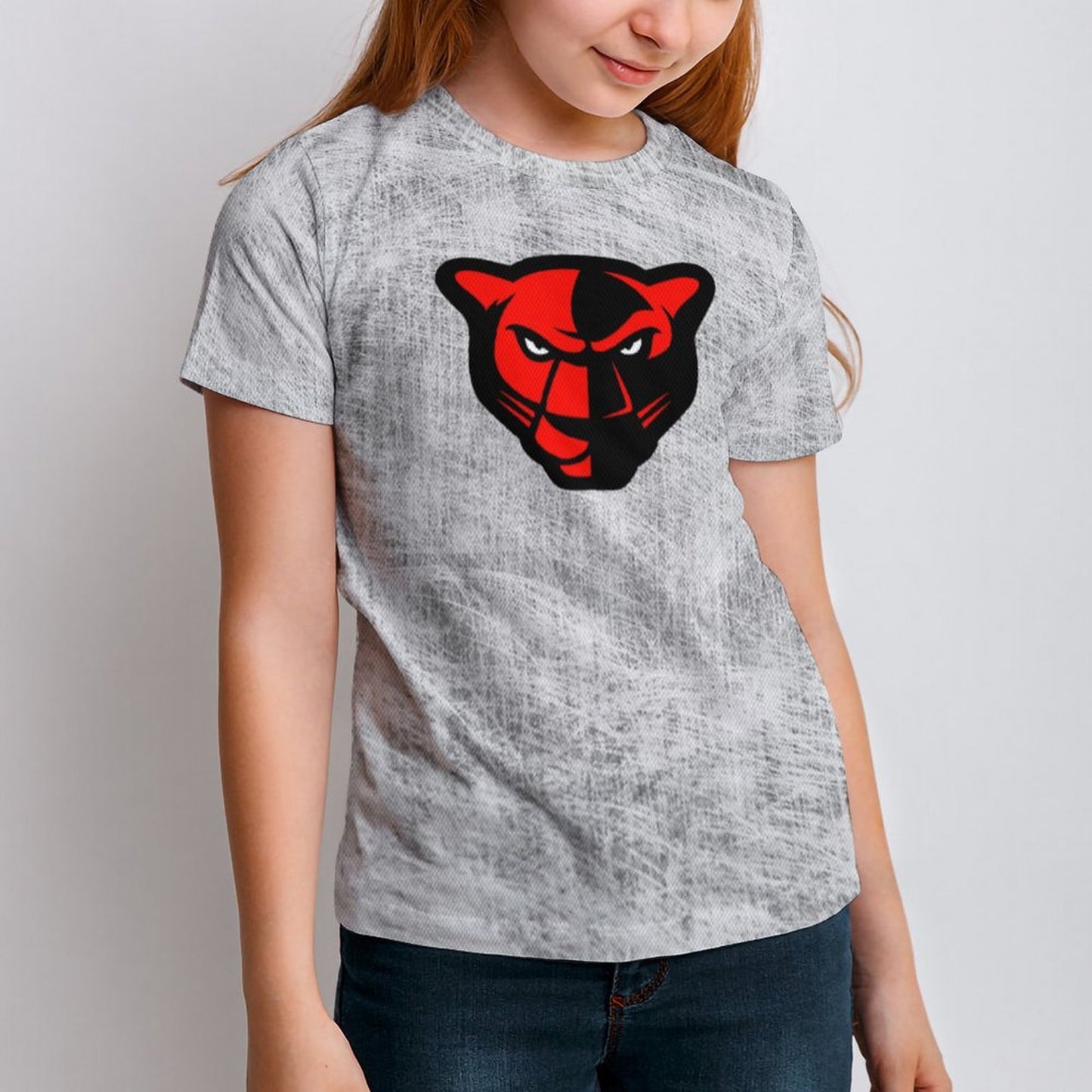 Petal Panther Head Distressed Gray Short Sleeve Kid's T-Shirt