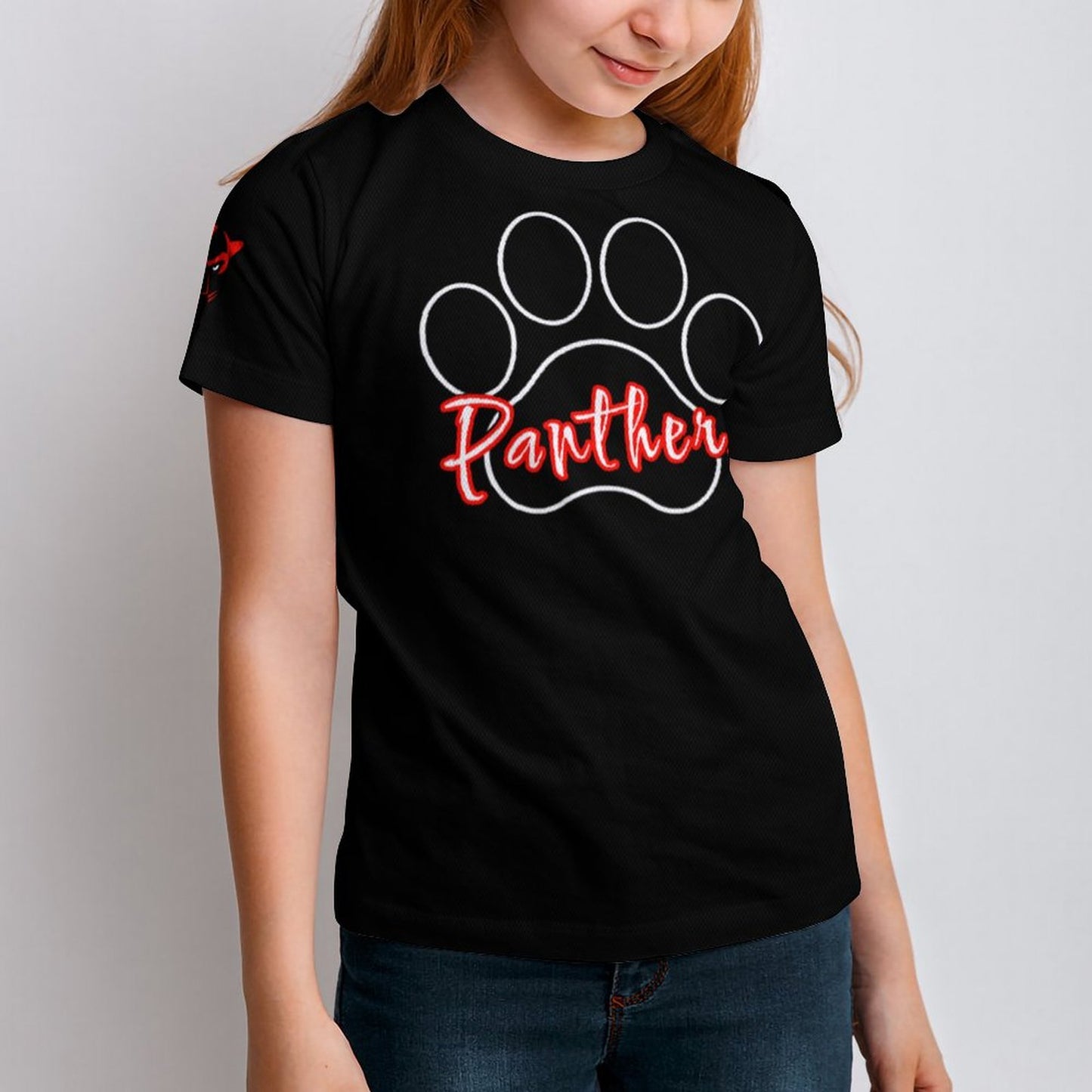 Petal Panther Paw Short Sleeve Kid's T-Shirt -Black