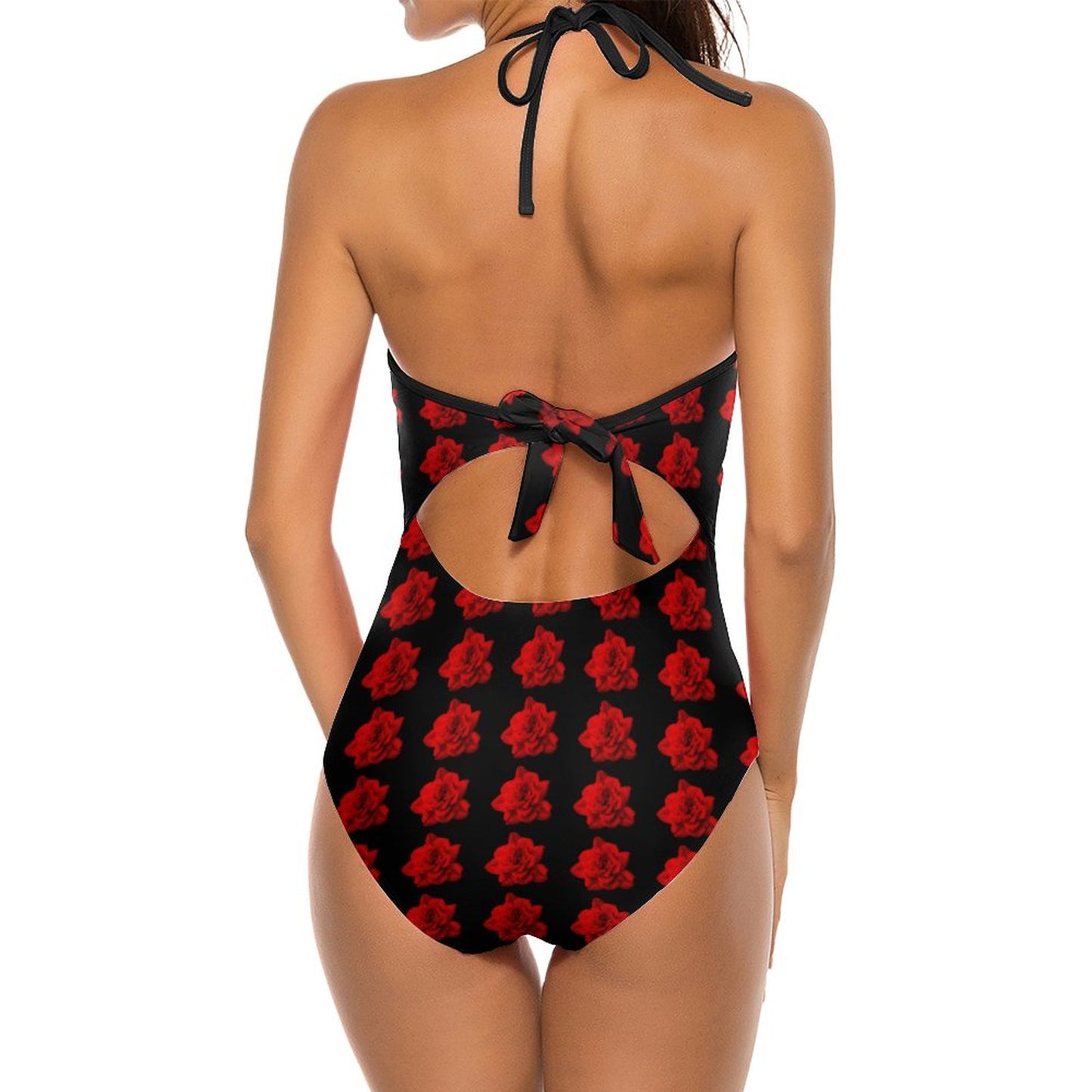 Velvet Red Rose Halter One-Piece Swimsuits