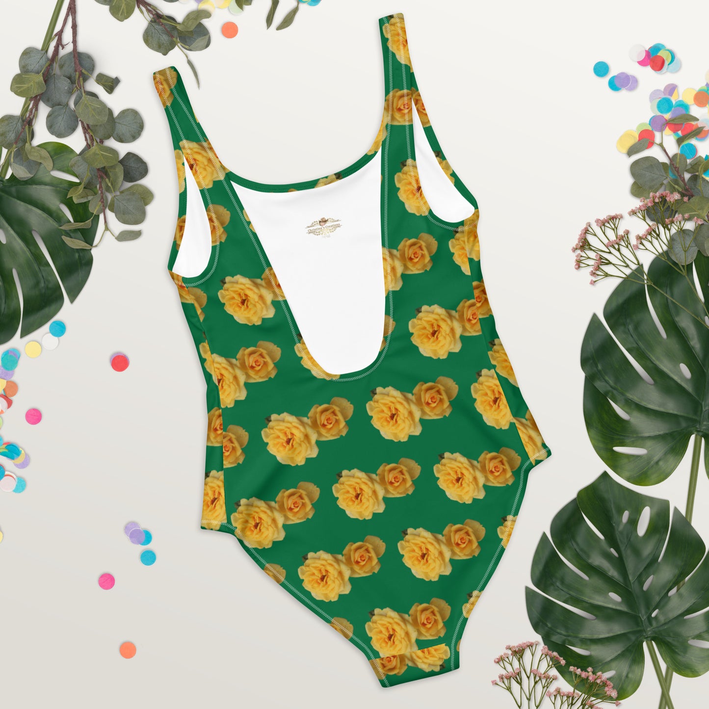 Yellow Rose in Green One-Piece Swimsuit