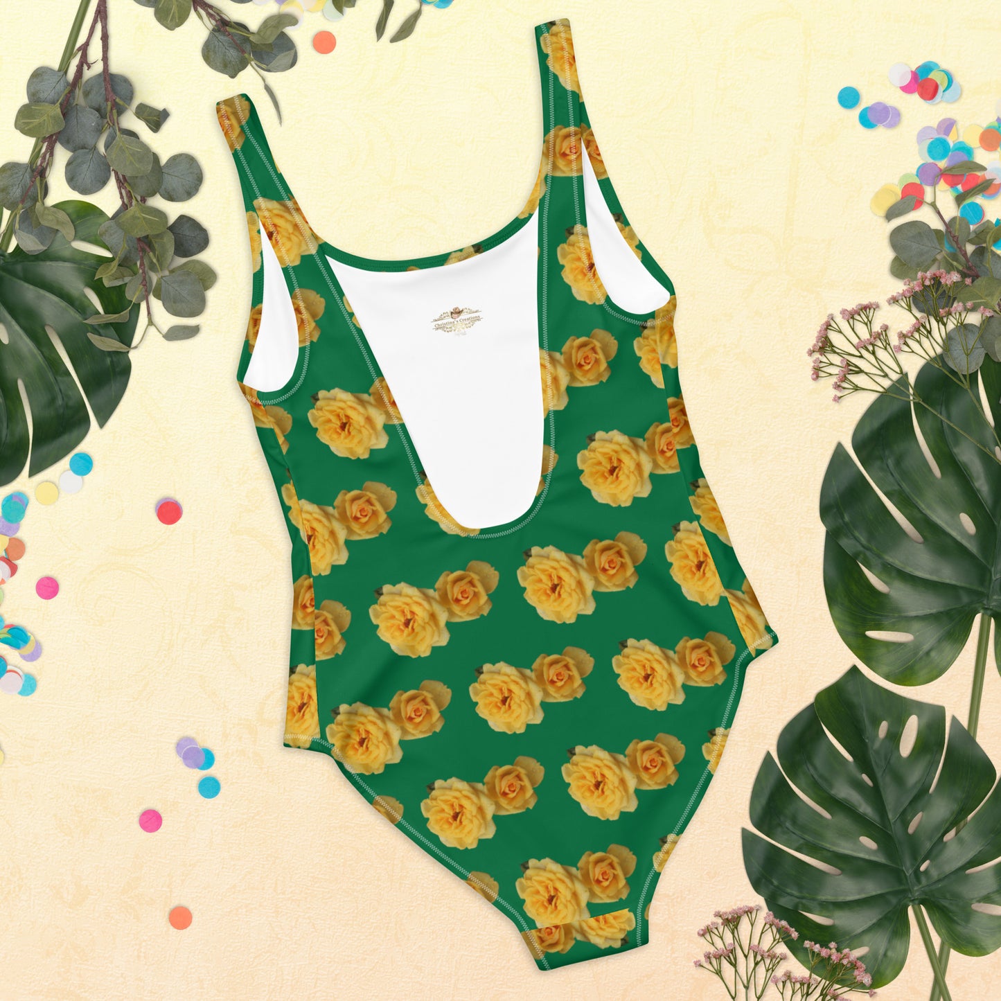 Yellow Rose in Green One-Piece Swimsuit