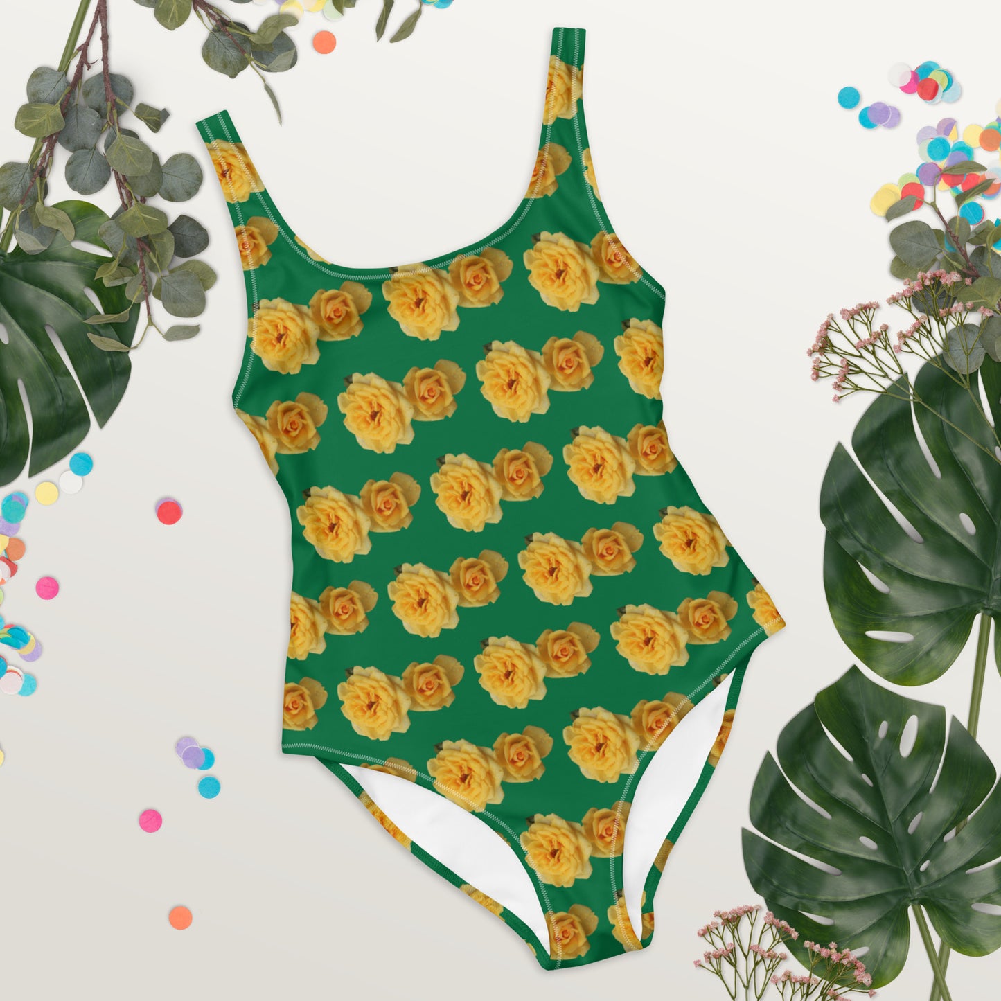 Yellow Rose in Green One-Piece Swimsuit