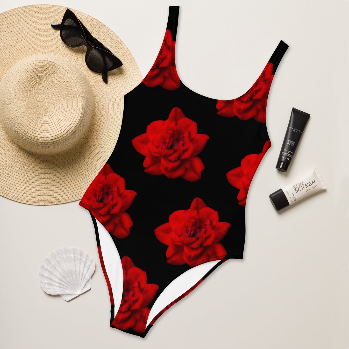 Velvet Red Rose One-Piece Swimsuit