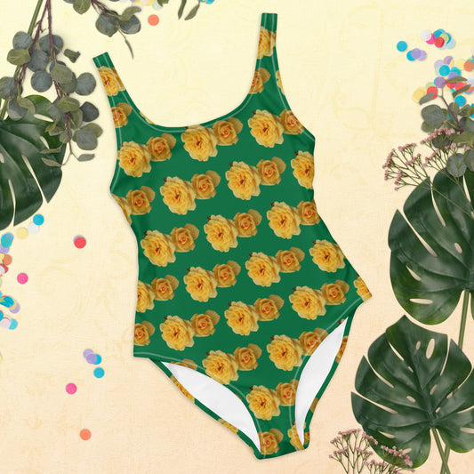 Yellow Rose in Green One-Piece Swimsuit