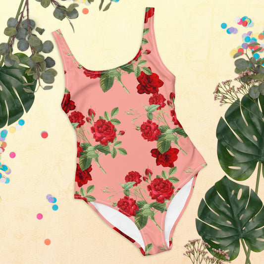 Velvet Red Rose in Pink One-Piece Swimsuit