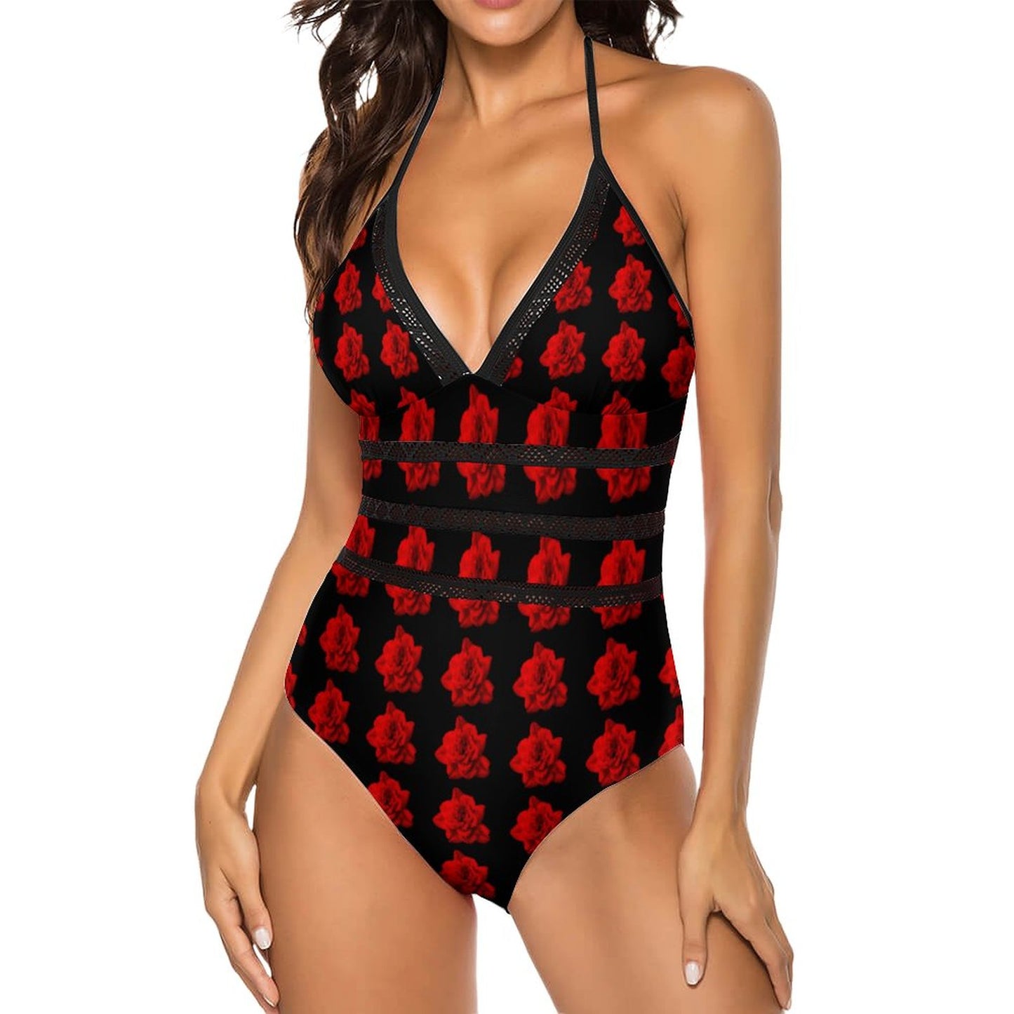 Velvet Red Rose Halter One-Piece Swimsuits