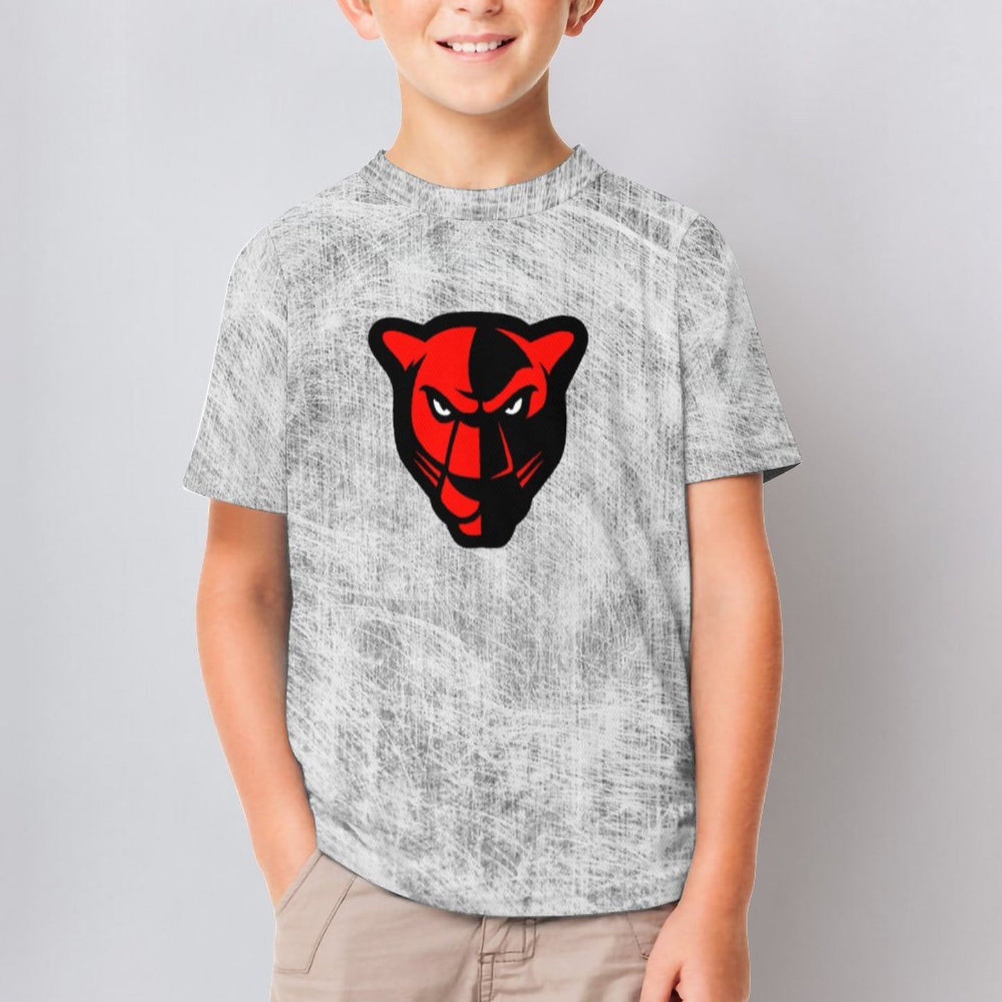 Petal Panther Head Distressed Gray Short Sleeve Kid's T-Shirt