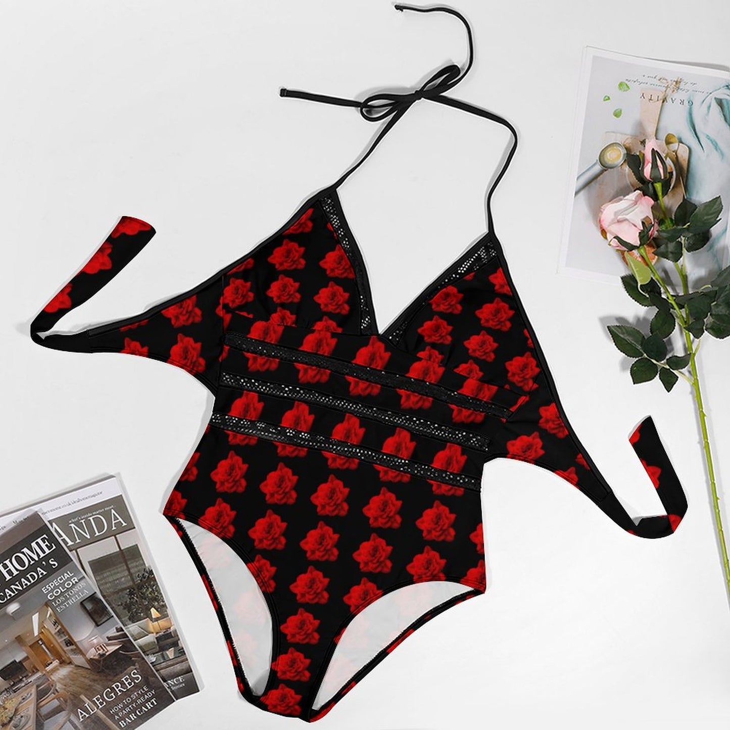 Velvet Red Rose Halter One-Piece Swimsuits